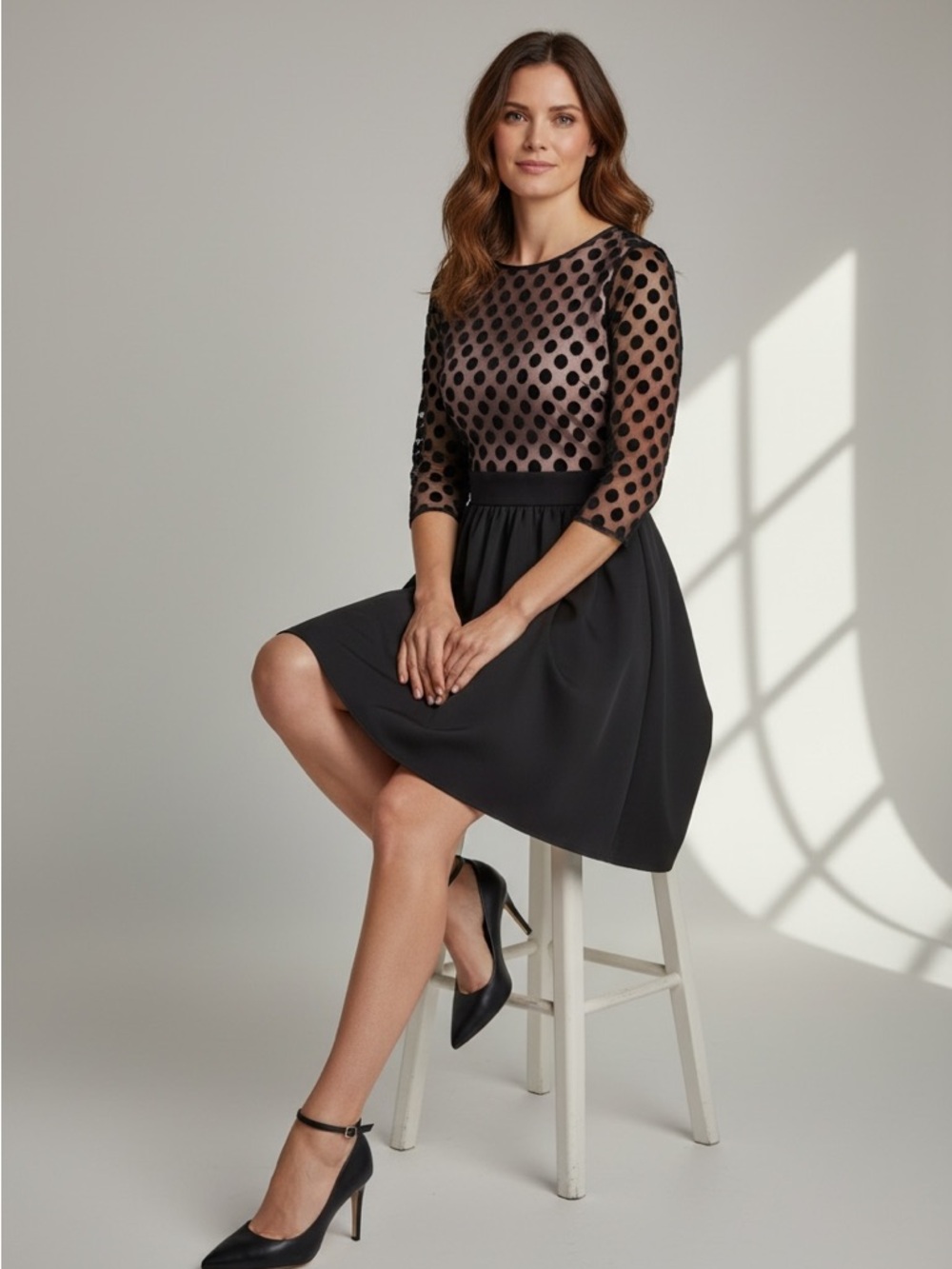 Eliza J Black Polka Dot Mesh Bodice Fit & Flare Midi Dress